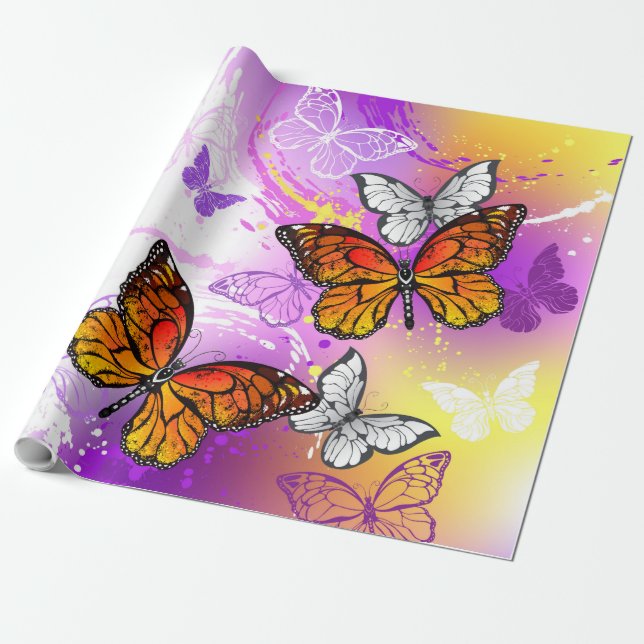 Papier Cadeau Papillons Monarque sur Arrière - plan pourpre (Déroulé)