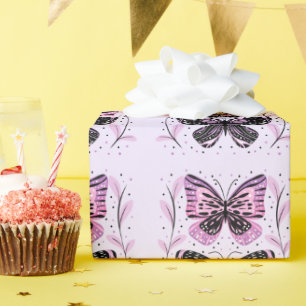 Papier Cadeau Papillons noirs, roses, violets