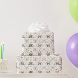 Papier Cadeau Papillons verts roses d'anniversaire