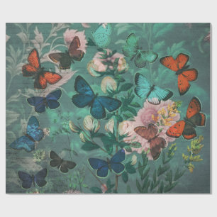 Papier Cadeau Papillons vintages et fleurs bleu