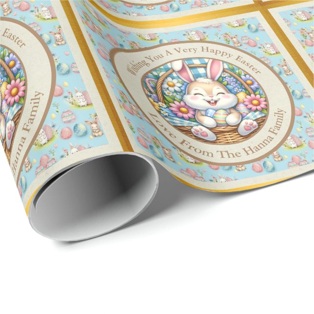 Papier Cadeau Pâques joyeuses avec du lapin mignon, des oeufs et (Coin rond)