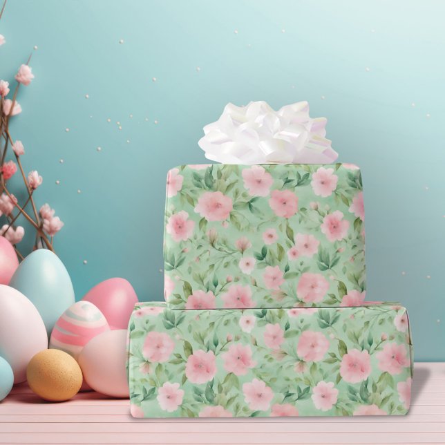 Papier Cadeau Pâques Pastel Rose & Flore Verte (Créateur téléchargé)