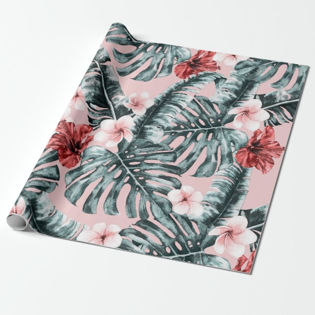 Papier Cadeau Paradis Rose Île Tropicale Florale Botanique (Déroulé)