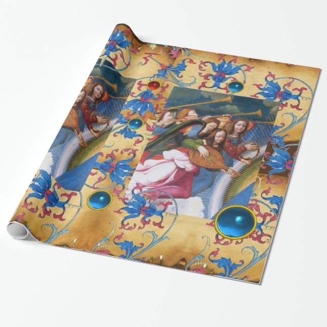 PAPIER CADEAU PARCHEMENT D'ANGELS MUSICAUX, FLEURS BLEU ROUGE, G (Déroulé)