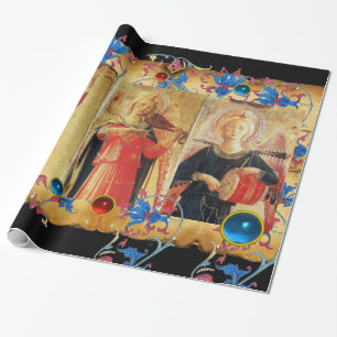 PAPIER CADEAU PARCHEMENT D'ANGELS MUSICAUX, FLEURS BLEU ROUGE, G