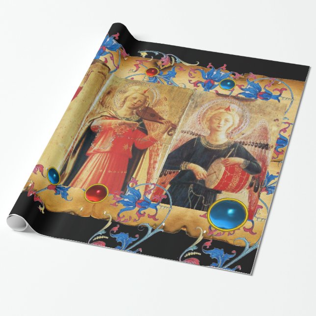 PAPIER CADEAU PARCHEMENT D'ANGELS MUSICAUX, FLEURS BLEU ROUGE, G (Déroulé)