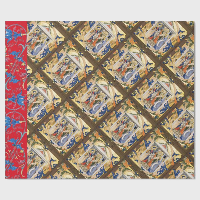 PAPIER CADEAU PARCHEMENT NATIVITÉ NOËL AVEC FLEURS BLEUES ROUGES (Plat)