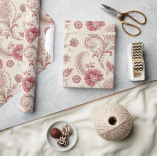 Papier Cadeau Parchemins Rose Poussiéreuse Floral Toile Français