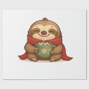 Papier Cadeau Paresseux de Noël Cozy avec Chocolat Chaud � Cute