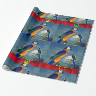 PAPIER CADEAU PARROS HYPER /ARA BLEU AVEC DES RIBBONS ROUGES