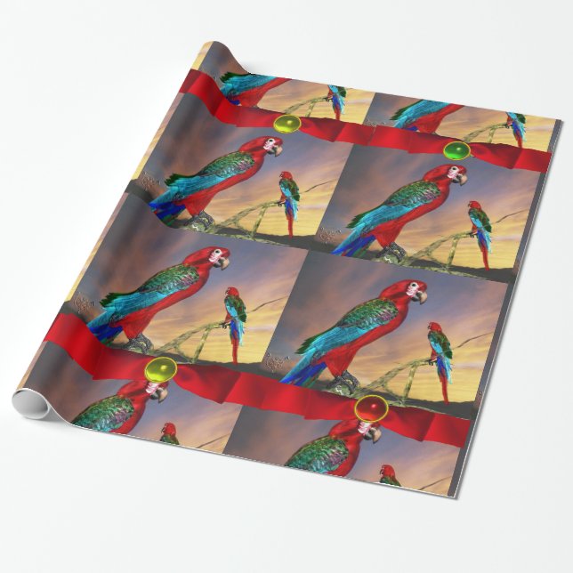 PAPIER CADEAU PARROS HYPER /ARA ROUGE AVEC RIBBONS (Déroulé)