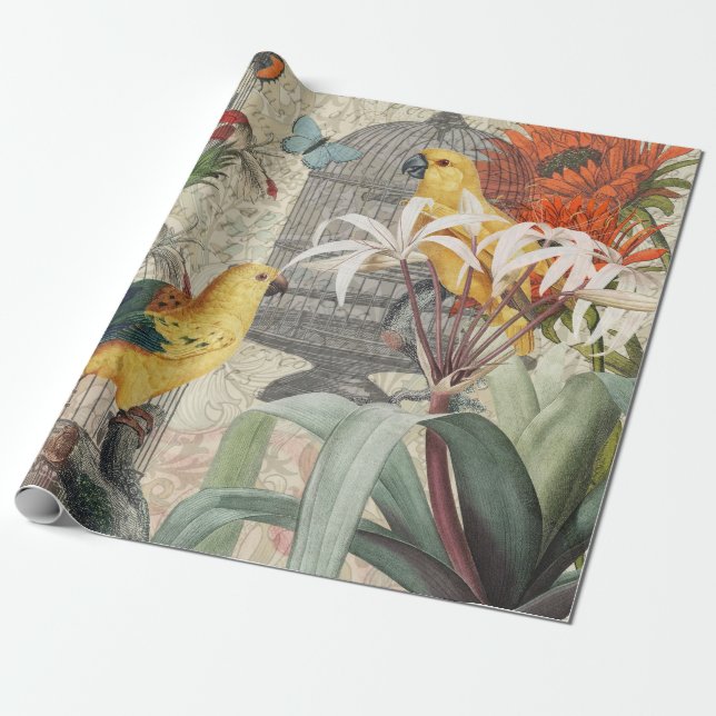 Papier Cadeau Parrot Jaune Tropical Antique Fleur (Déroulé)