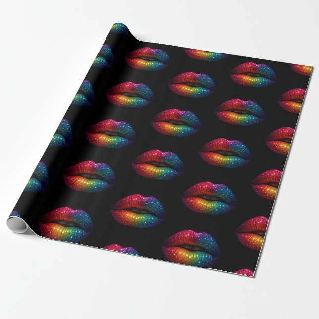 Papier Cadeau parties scintillant arc-en-ciel design lèvres moti (Déroulé)