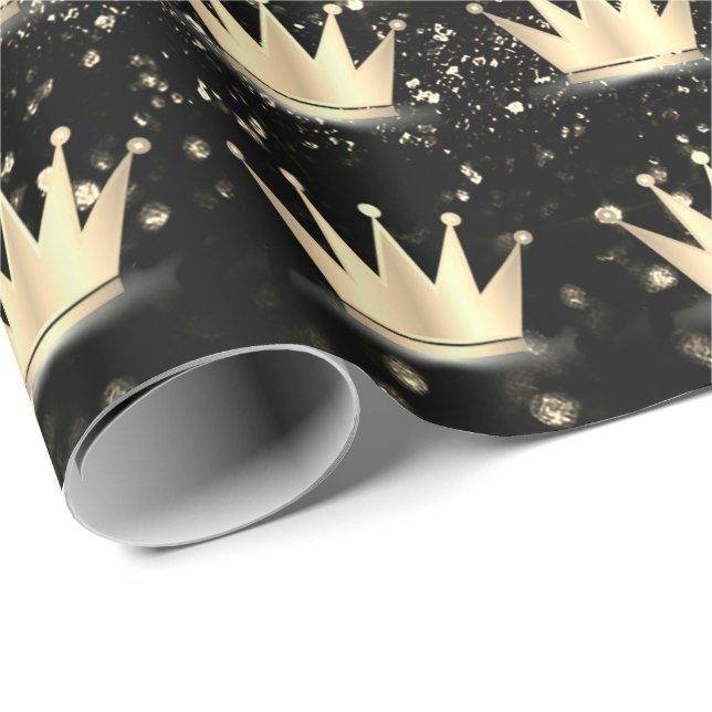 Papier Cadeau Parties scintillant de couronnes Black Sparkly Gol (Coin rond)