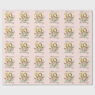Papier Cadeau Parties scintillant d'or floral rose pâle 30e ann