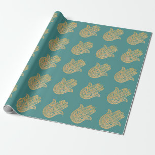 Papier Cadeau Parties scintillant d'or Hamsa Lucky Main turquois