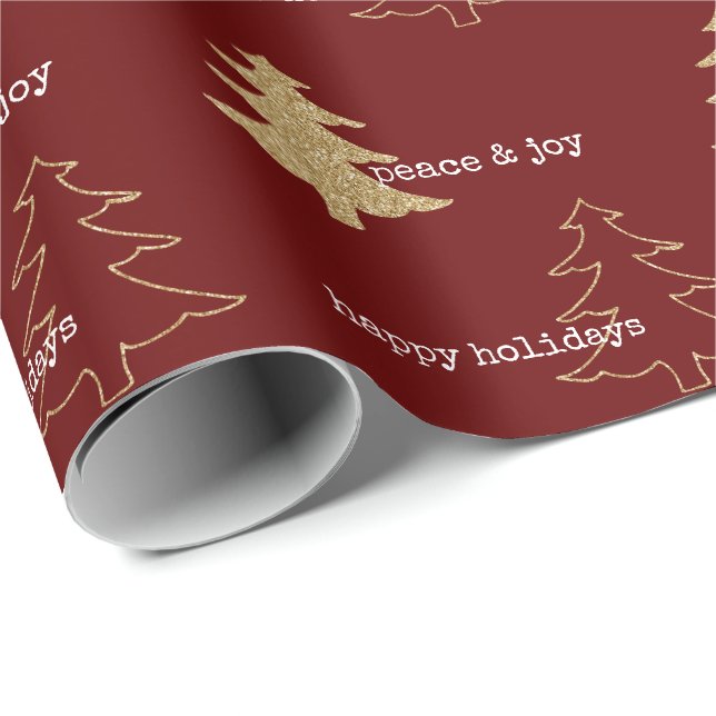 Papier Cadeau Parties scintillant d'or Noël Arbres blancs rouges (Coin rond)