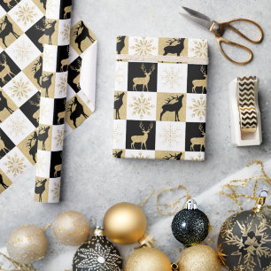 Papier Cadeau Parties scintillant d'or Snowflakes Black Reindeer