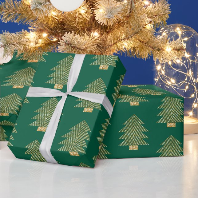 Papier Cadeau Parties scintillant d'or vert arbres de Noël (Vacances)