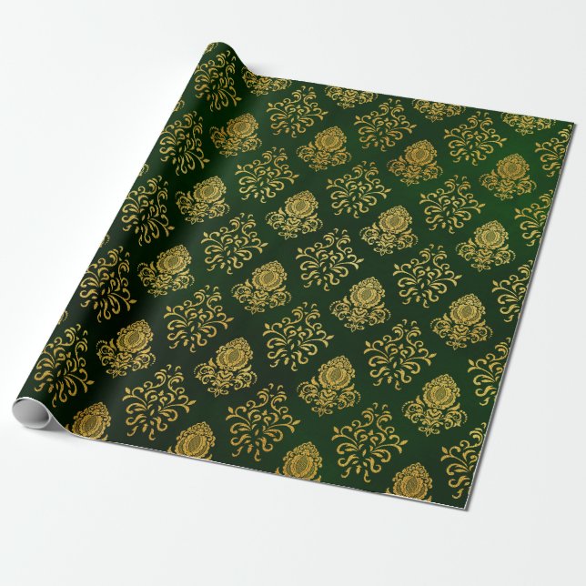 Papier Cadeau Parties scintillant d'or vert Noël Damask Ornament (Déroulé)