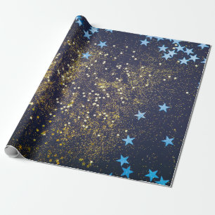 Papier Cadeau Parties scintillant dorée et étoiles bleues scinti