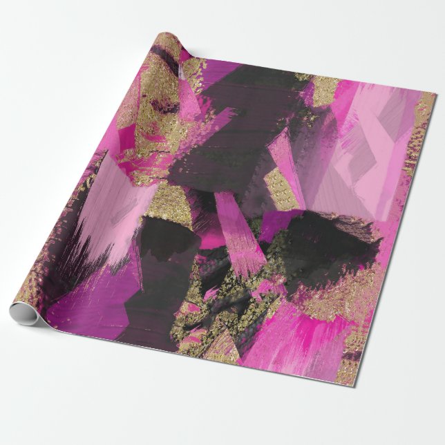 Papier Cadeau Parties scintillant en or noir rose Brush moderne  (Déroulé)