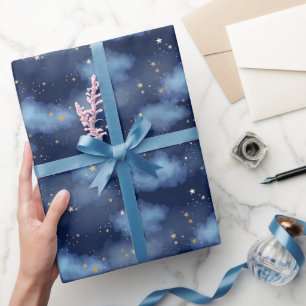 Papier Cadeau Parties scintillant Gold Stars Dark Blue Sky Motif