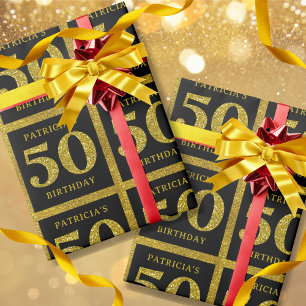 Papier Cadeau Parties scintillant Noir et Or Nom personnalisé 50
