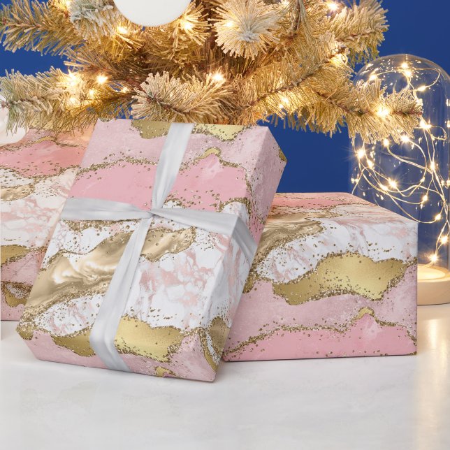 Papier Cadeau Parties scintillant or Marbre blanc rose (Vacances)