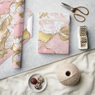 Papier Cadeau Parties scintillant or Marbre blanc rose