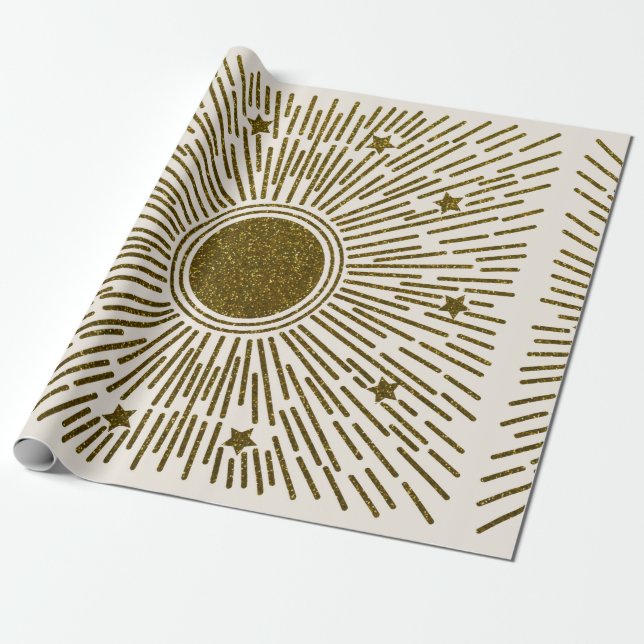 Papier Cadeau Parties scintillant rétro, soleil doré avec rayons (Déroulé)