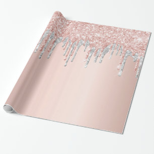 Papier Cadeau parties scintillant rose or gouttes argent anniver