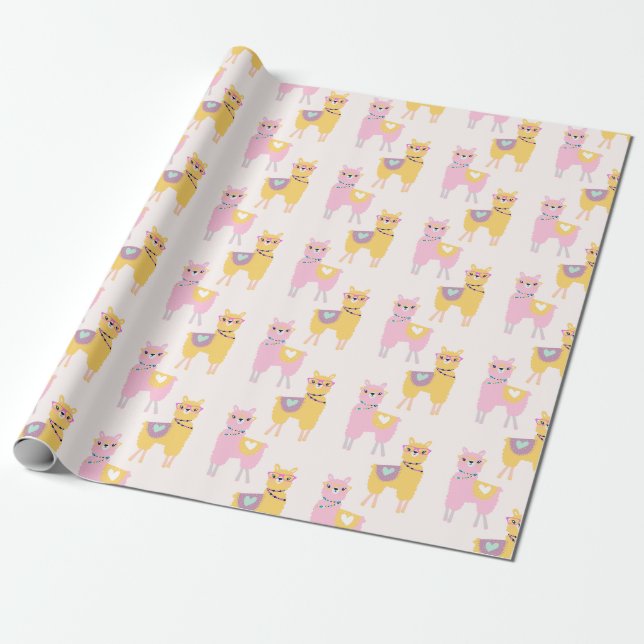 Papier Cadeau Pas de Drame Llama mignonne rose Motif jaune (Déroulé)