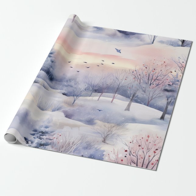 Papier Cadeau Pastel Aquarelle hiver Forêt Motif (Déroulé)