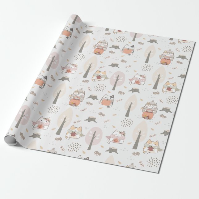 Papier Cadeau Pastel Autumn Cute Cats (Déroulé)