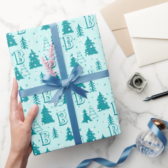 Papier Cadeau Pastel Blue Christmas Tree personnalisé Monogramme (Cadeaux)