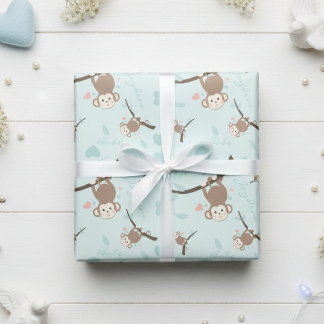 Papier Cadeau Pastel Blue Monkey Valentine Wrapping Paper  (Soft pastel blue cute monkeys for valentine, birthday or any gift.)