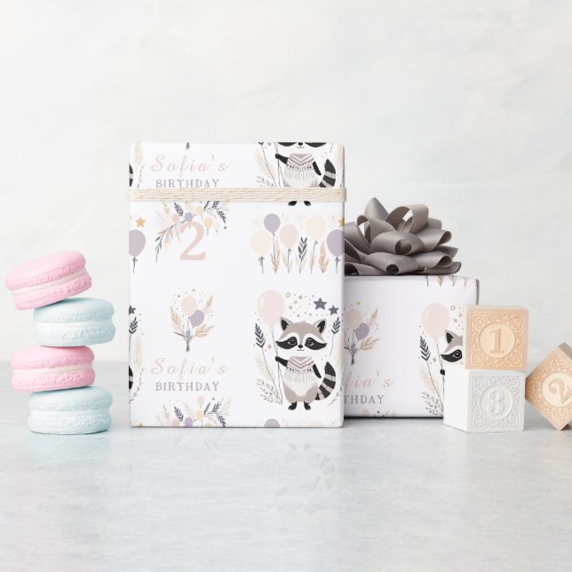 Papier Cadeau Pastel Boho Raccoon et Ballons Anniversaire (Baby Shower)