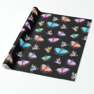 Papier Cadeau Pastel Coloré Rose, Vert, Jaune, Papillons