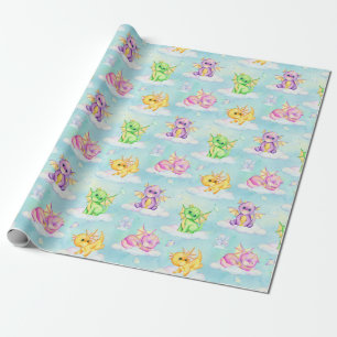 Papier Cadeau Pastel Cute Dragons Et Nuages Bleu Clair