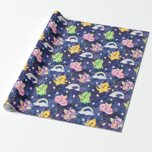 Papier Cadeau Pastel Cute Dragons Et Rainbows Bleu Foncé (Déroulé)