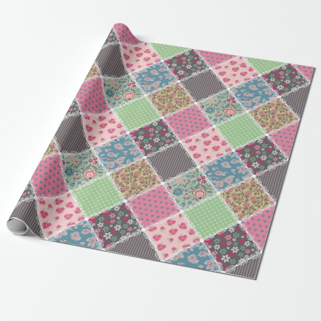 Papier Cadeau Pastel Floral Quilt Carré (Déroulé)