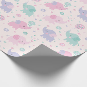 Papier Cadeau Pastel mignon Little Elephants menthe lilas rose