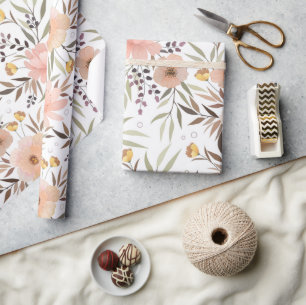 Papier Cadeau Pastel Peach Olive Floral Feuille Motif