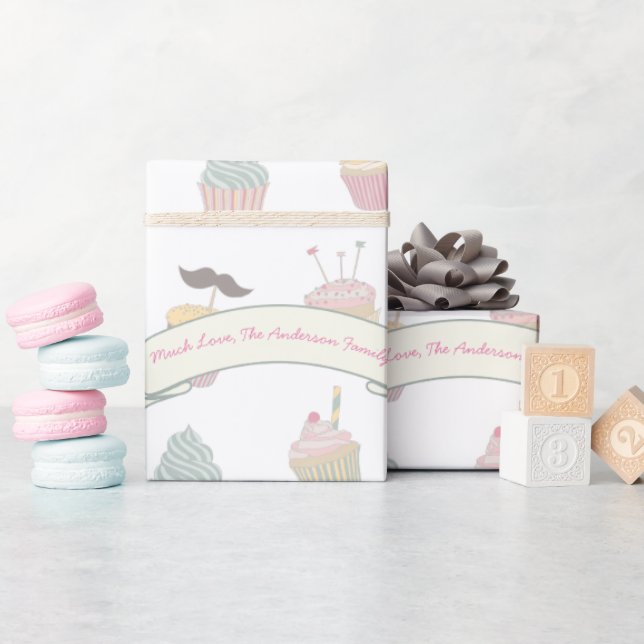 Papier Cadeau Pastel Personnalisé Cupcake Mustache Motif (Baby Shower)