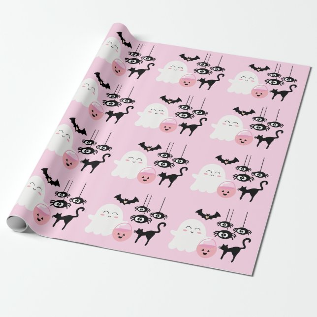 Papier Cadeau Pastel Pink Cute Ghost et Araignées Halloween (Déroulé)