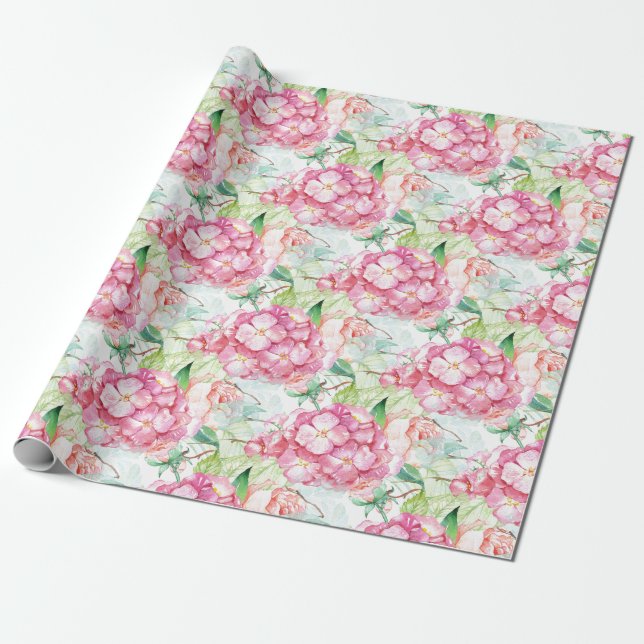 Papier Cadeau Pastel Pink Hydrangea Botanique Découpage Artisana (Déroulé)