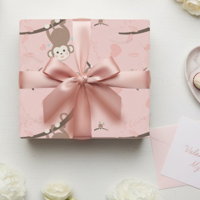 Papier Cadeau Pastel Pink Monkey Valentine Wrapping Paper  (Pastel pink cute custom monkey with valentine words.)
