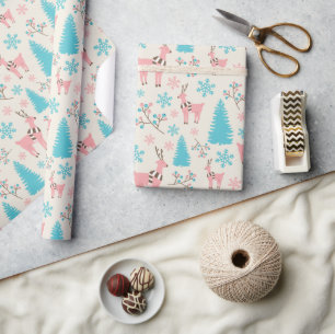 Papier Cadeau Pastel Pink Reindeer Blue Pine Trees de neige