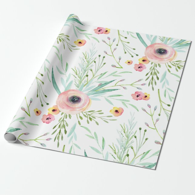 Papier Cadeau Pastel Rose et Coral Printemps Floral (Déroulé)